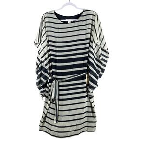 Coldwater Creek Womens 10 Navy Ivory Striped Flutter‎ Dress Cape Sleeve Belted